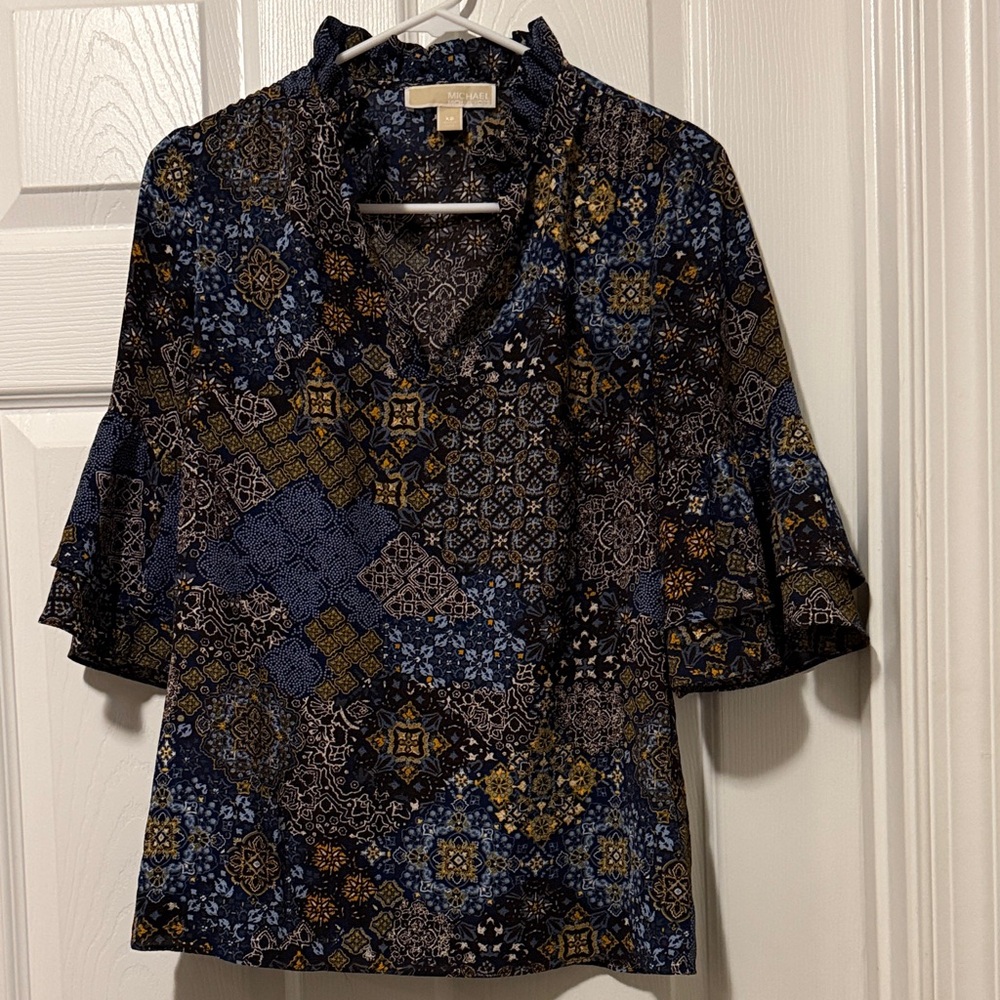 Michael Kors Geometric Blue and Gold Blouse